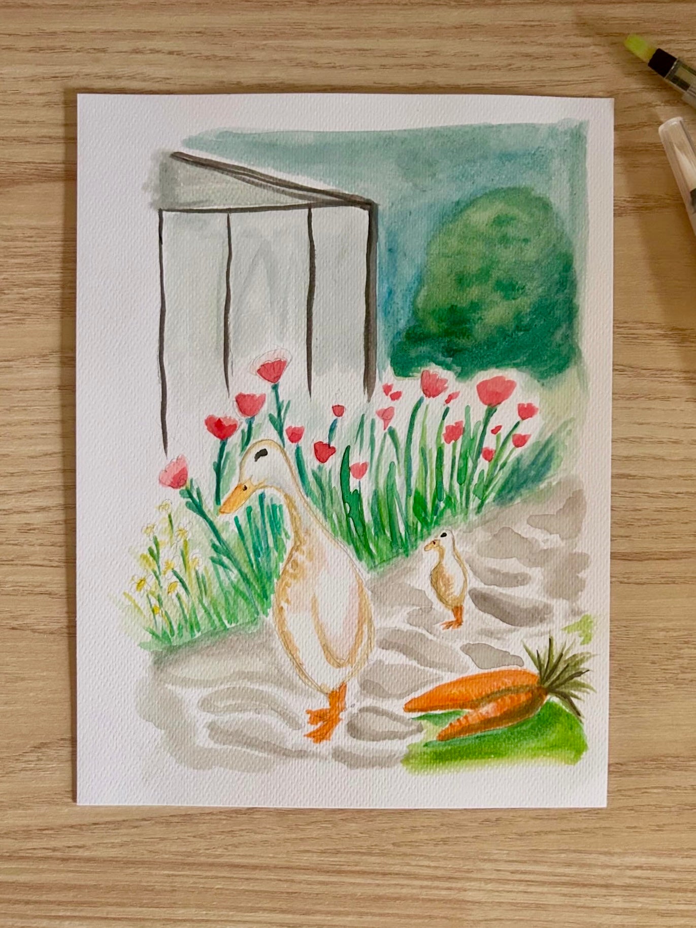 Aquarela Primavera, Flores e Dois Patos